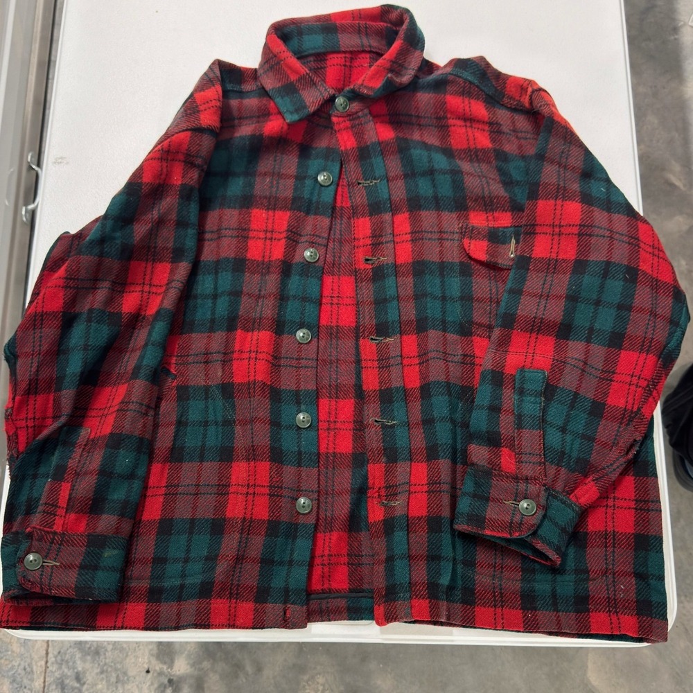 Vintage Wool Flannel Shirt Jacket Mens XXL Red Green Plaid Fair Distressed Heavy
